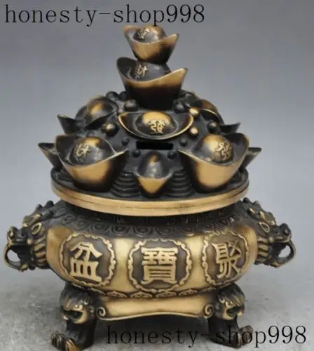 

christmas china bronze wealth yuanbao foo fu dog lion statue Treasure bowl Incense Burner halloween