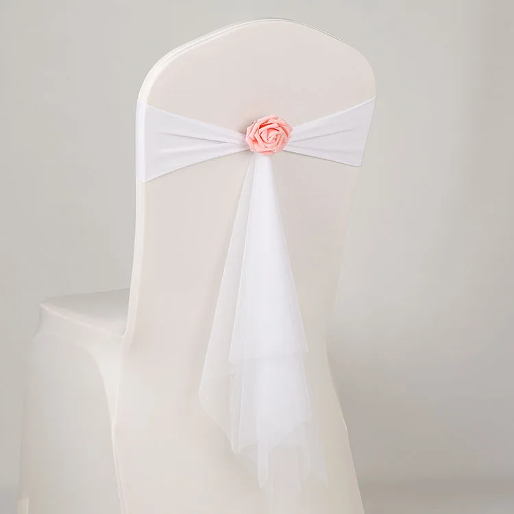 100pcs/lot Lycra chair sash butterfly bow tie with rose ball for wedding chairs decoration spandex band stretch bow tie - Цвет: WHITE