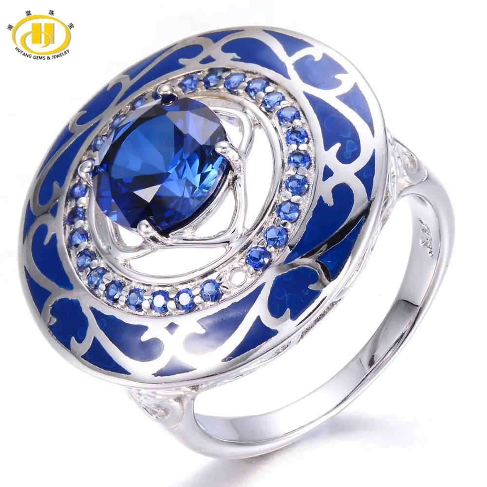 HUTANG 4.06ct Created Blue Sapphire Enamel 925 Sterling Silver Ring
