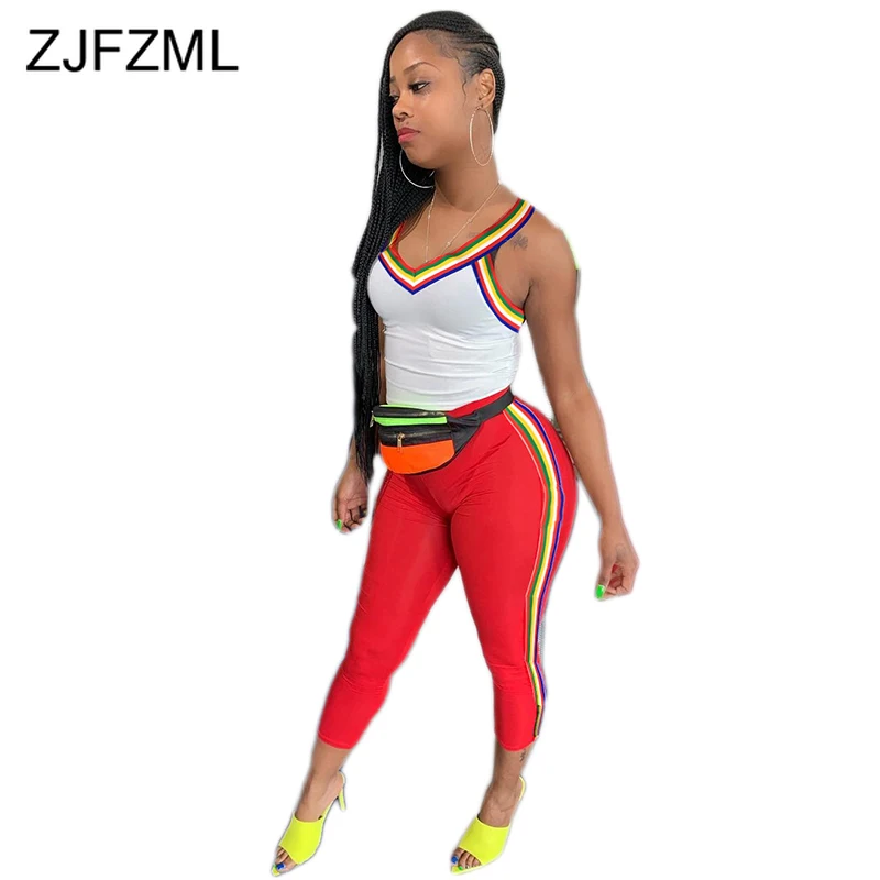 

Rainbow Striped 2 Piece Matching Sets Women Deep V Neck Sleeveless Slim Top And Bodycon Pants Summer Two Piece Tracksuit Outfits
