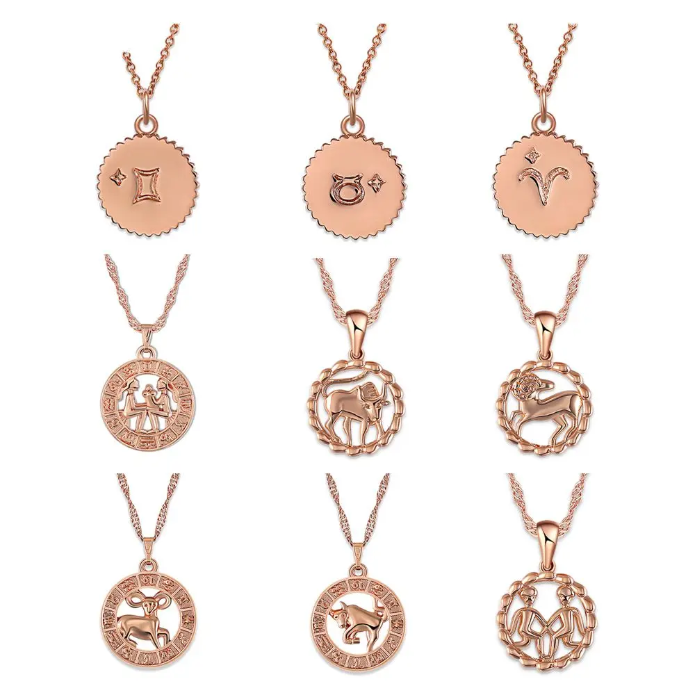 ZEMO Round Coin 12 Constellation Necklaces Rose Gold Choker Zodiac Sign