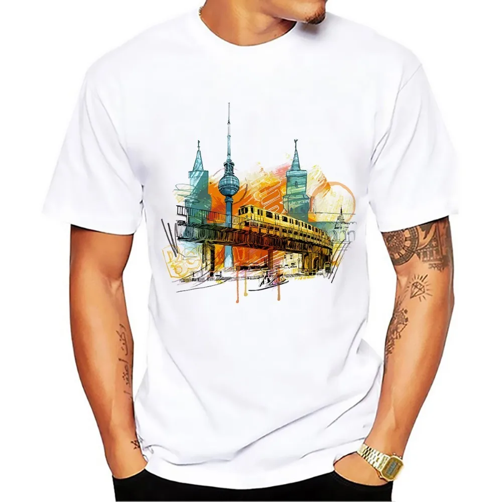 

Germany Berlin city watercolor design no glue sublimation print tshirt men 2018 summer new white casual homme cool t shirt