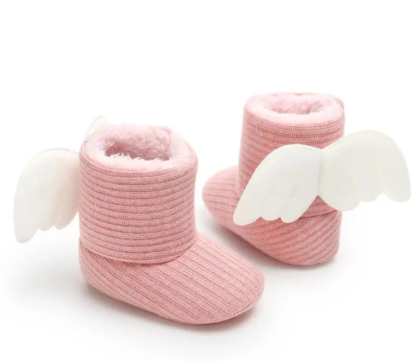 

Toddler Knited Winter Faux Fleece Crib Snow Boots Soft Soled Baby Shoes Bowknot Woolen Angel Wing Fur Knit Boots First Walkers