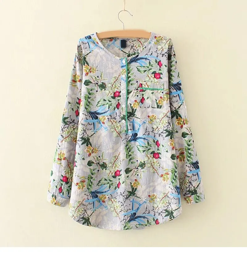 3XL Большие размеры хлопковые льняные Блузки модные женские повседневные рубашки с цветочным принтом Длинные рукава свободные блузки