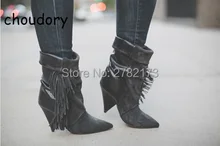 Hot Sale Fringed Gray Black Suede Spike Heels Fashion Lady Boots Pointed Toe High Heels Sexy Winter Autumn Woman Boots Shoes