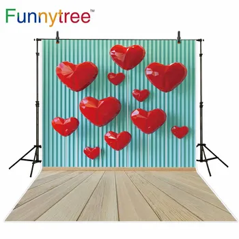 

Funnytree Valentine's Day backdrops photocall 3D love blue stripes wooden floor wedding background for photo shoots photophone