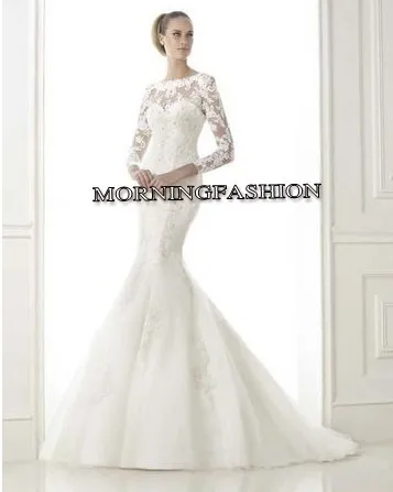 Latest Design Long Sleeved High Necked Lace Fishtail Bridal Dress In Latest Design Long Sleeved High Necked Lace Fishtail Bridal Dress