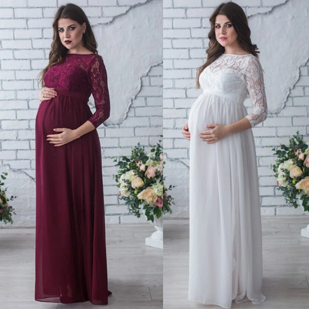 S XXL Women Pregnancy Dresses Long Sleeves Lace Maternity Dress For ...