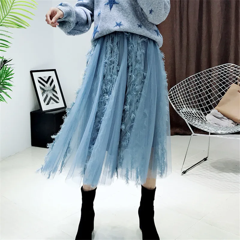 

Fairy temperament Korean double-layer mesh fur tassel sweet beauty skirt autumn and winter large swing long mesh gauze skirts