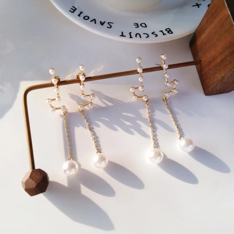 

Korean Creative Personality Constellation Long Clip Earrings Women Girl Fashion Temperament Imitation Pearl Jewelry Accessories