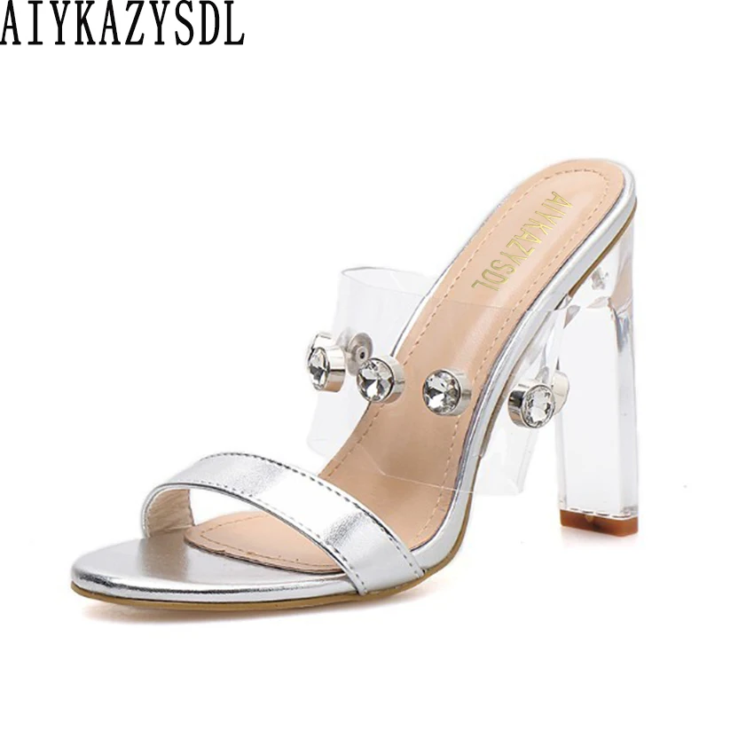 

AIYKAZYSDL Women Rhinestone Crystal Open Toe Sandals PVC Clear Transparent Thick Block High Heel Summer Mules Slides Woman Shoes
