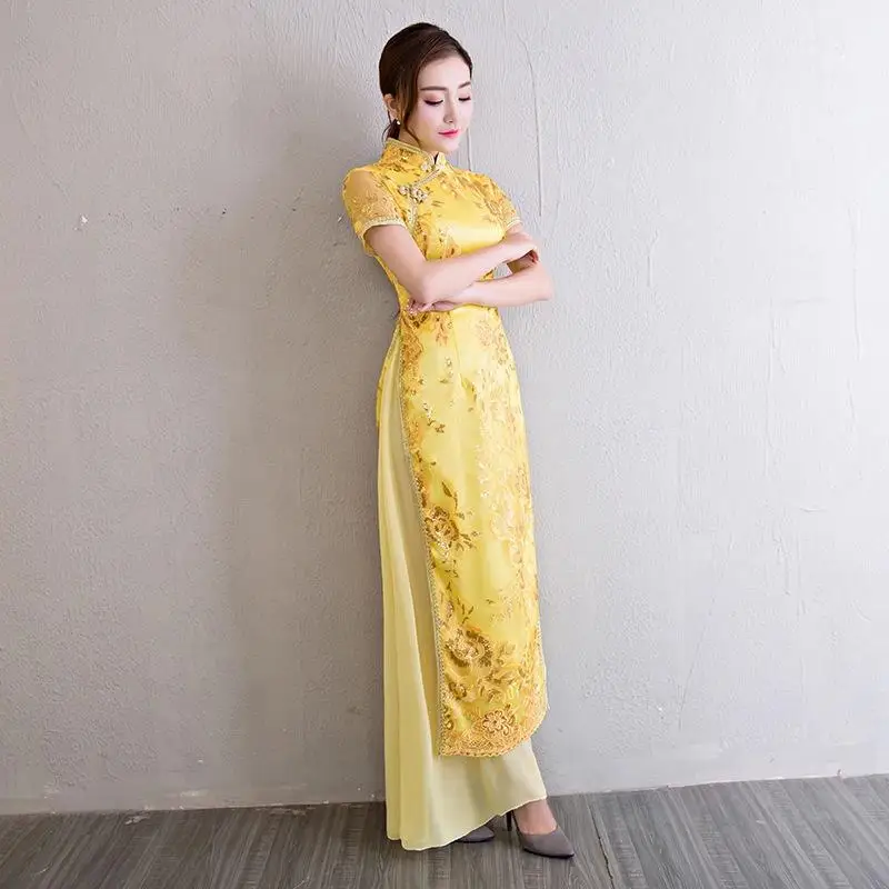 Винтажное китайское женское цветочное свадебное платье Традиционный китайский воротник Qipao элегантное аозай Cheongsam Vestidos вечерние платья - Цвет: Yellow