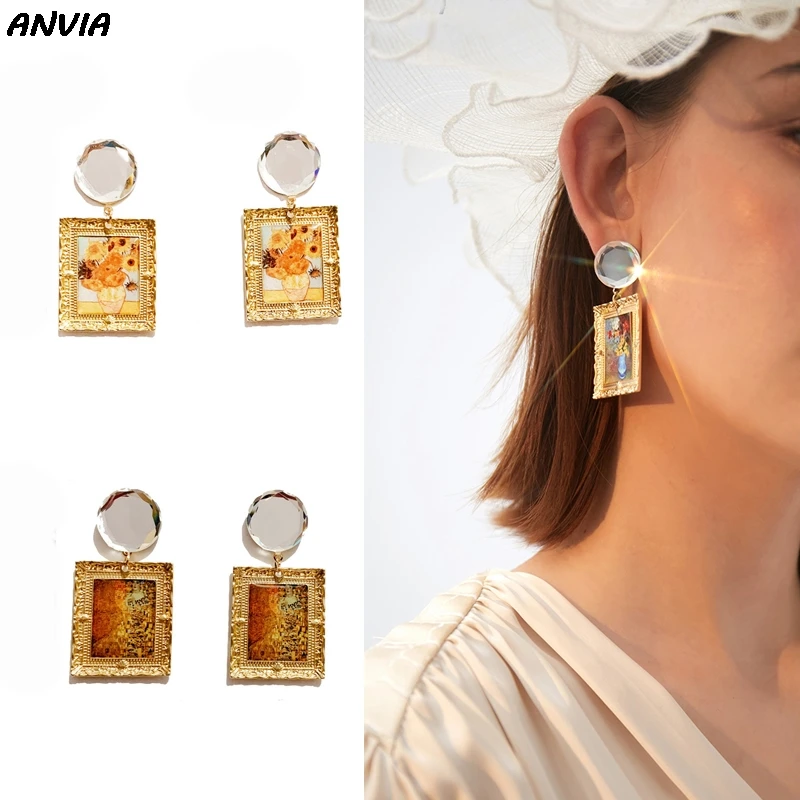 

Retro Famous Art Van Gogh Sunflower Painting Accessories Drop Earrings Square Gold Alloy Frame Women Wedding Gift Klimit Paint