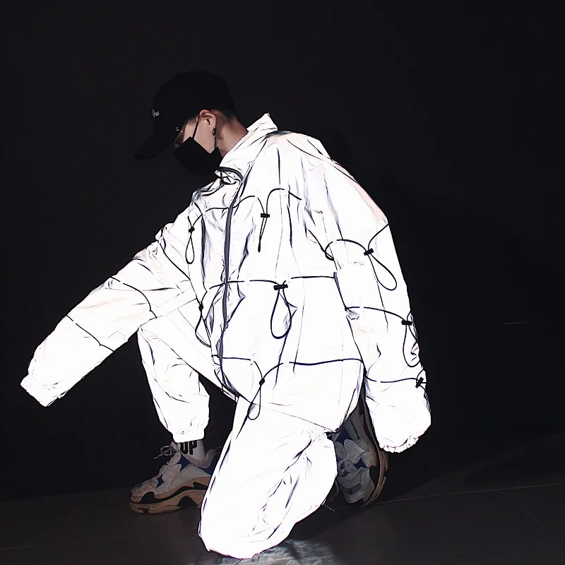 

Men 3M Reflective Jacket Sets (jacket+pant) Male Women Streetwear Hip Hop Casual Windbreaker Coat DJ Stage Show Clothing
