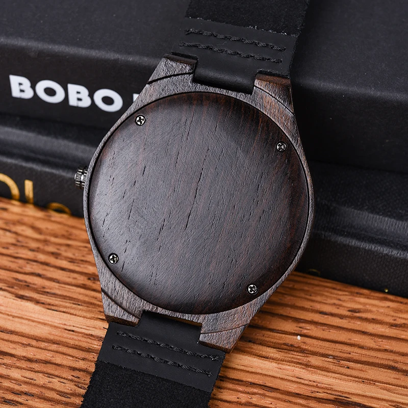 Часы Bobo Bird мужские классические Круглые черные эбеновое дерево кожаные