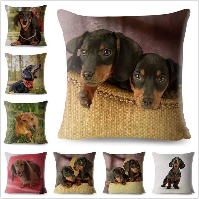 Cute Pet Dog Miniature Dachshund Print Pillow Cover Square Cushion Covers Linen Pillow Case Decor Pillows Cases 2