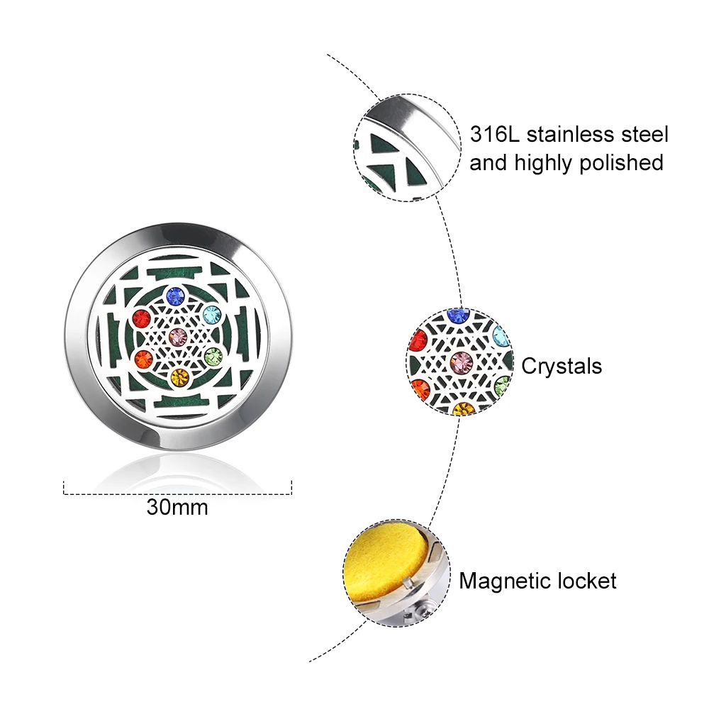 Круглый из нержавеющей стали Духи Диффузор брошь чакра эфирное масло диффузор Кристалл Магнитный медальон ароматерапия броши
