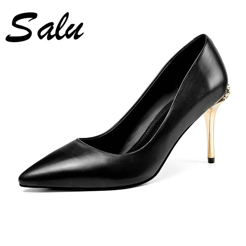 

Salu 2019 Genuine leather Pumps Fashion New Women Leather Shoes Genuine Heeled Pointed Toe Soft fashion black pumps Shoes