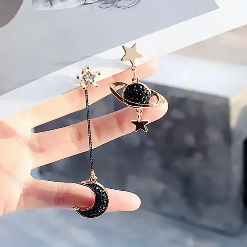 

2018 New Korean Jewelry Blue Star Moon Long Stud Earings For Women Asymmetric Round Planet Earring Drop Pendientes Tassel Brinco