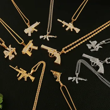 

Statement Alloy AK47 Gun Pendant Necklaces Iced Out Rhinestone Long Chain Gold Silver Color Necklace Women Men Hip Hop Jewelry