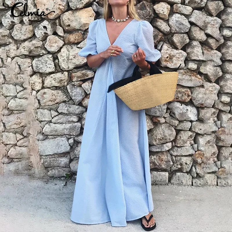 

2019 Celmia Women Maxi Long Dress Sexy V-neck Short Puff Sleeve Pleated Summer Dress Casual Loose Solid Party Vestidos Plus Size