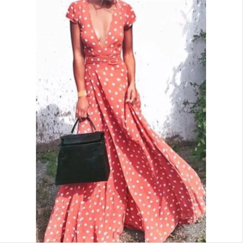 

2018 Summer Fashion Women Polka Dot Dress Short Sleeve V Neck Long Beach Sundress Dress