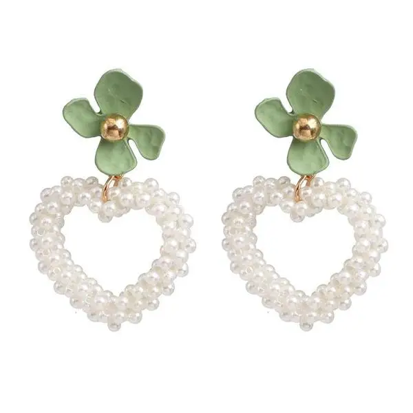 In Stock Yellow Flower Pearl Heart Love Large Hoops Alloy Earrings Jewelry For Ladies