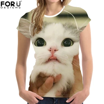 

FORUDESIGNS 3D Animal Cute Cat Printing Fashion Women Summer T-shirts Short Sleeves S-XXL Elasticity Brand Design Top Tees Lady