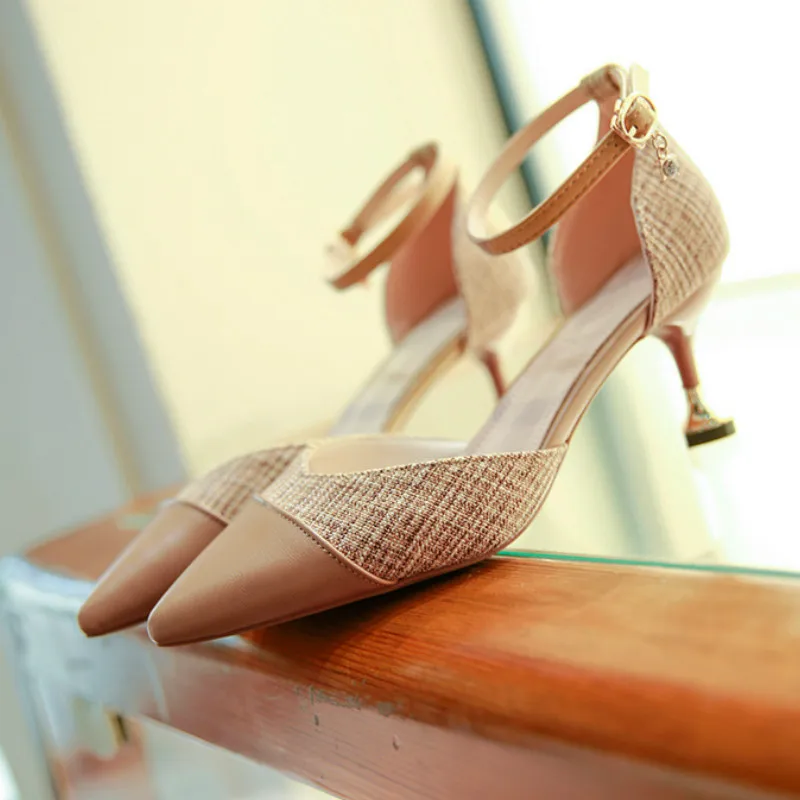 

Women Pumps Shoes Summer Wine Glass Heel Thin High Heel High (5-8cm) Pointed Toe Buckle Strap Shallow Lady Casual Female Shoes