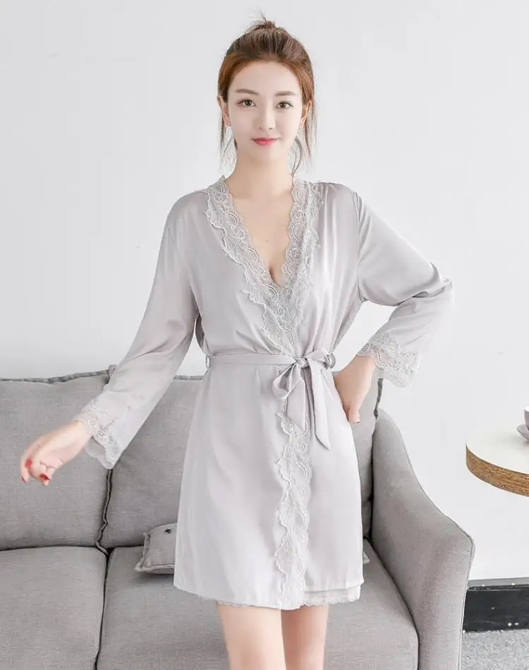 1620 Women's Satin Silk Woman Lace Robe Female Lace Bathrobe Womens Robes Sleepwear Ladies Sexy Robe For Women