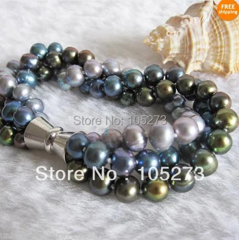 

Lovely Pearl Jewelry 8inch AAA 7-8MM Gray Peacock Olive 3 Rows Natural Freshwater Pearl Bracelet Magnet Clasp New Free Shipping