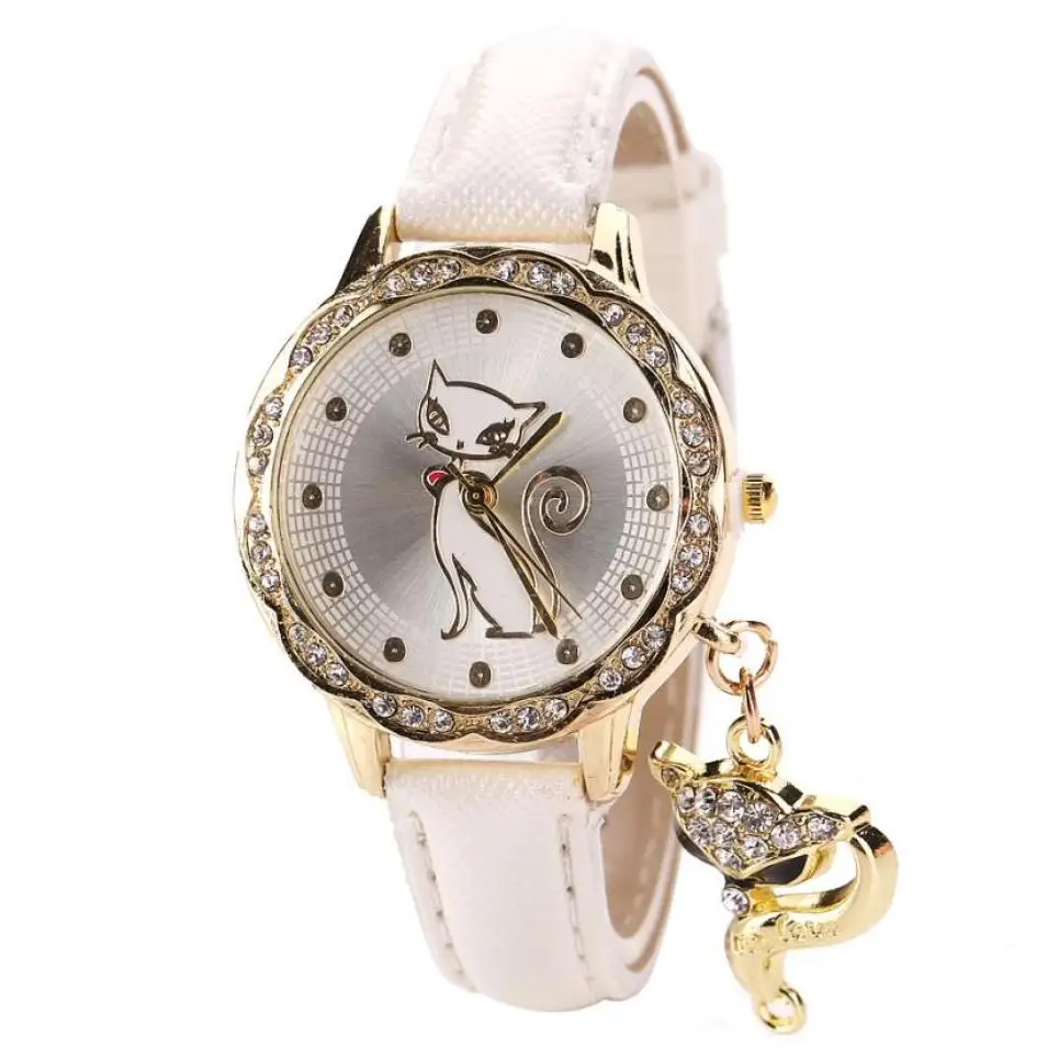 Timezone#301 модные женские часы Роскошные бриллиантовые кошачьи аналоговые кожаные кварцевые наручные часы - Цвет: Белый