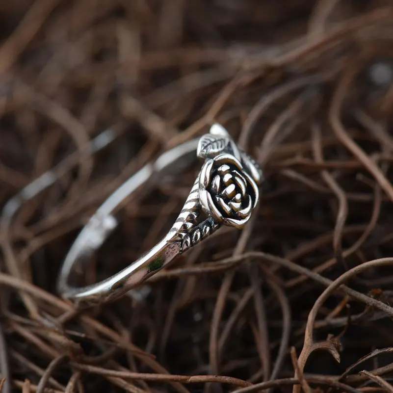 925 Silver Rose Flower Rings for Men Women Jewelry 100% Real S925 Sterling Thai Silver Ring Size 5.5-8