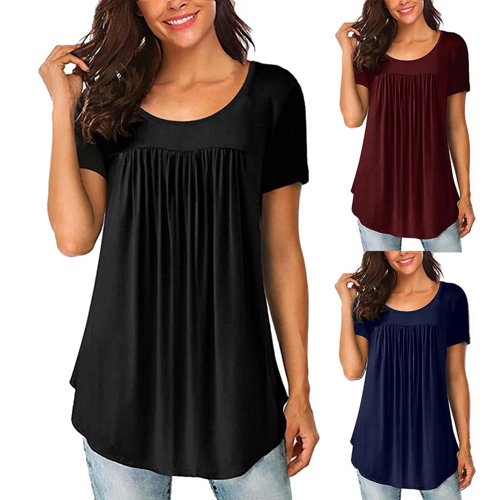 

Women Solid Row Pleats Ruched O-Neck Short Sleeve Irregular T-Shirt Tops