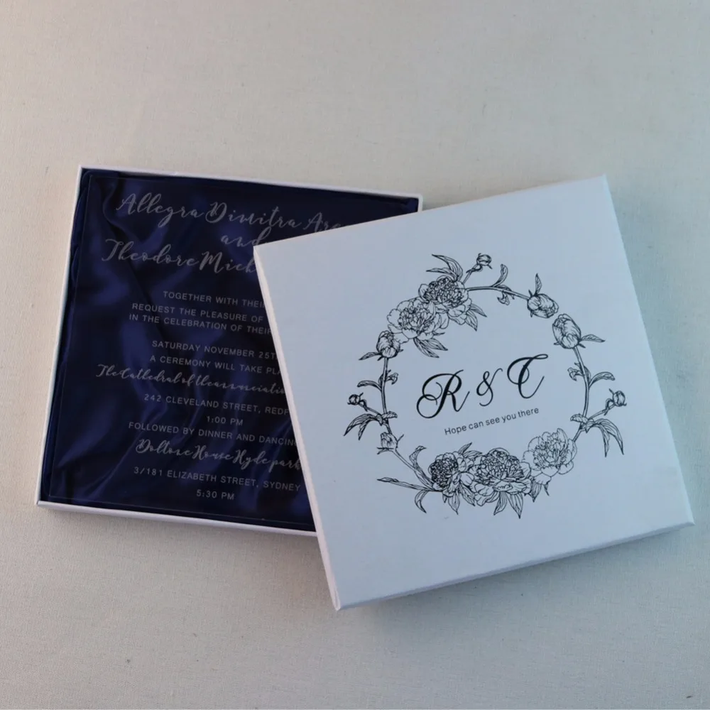 

50-Personalized Engraved Acrylic Wedding Invitation Cards For Free engraved Party invitations and printed on Boxes