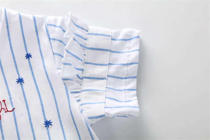 Little Maven/Новая летняя одежда для детей коротким круглым воротником бело-голубые, в полоску Письма трикотажные хлопок качества для девочек Повседневное футболки футболка