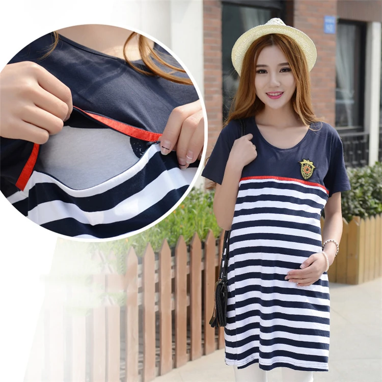 Cotton Striped Nursing Dress for Pregnancy Woman Short sleeve Summer Maternity Dresses Clothing Breastfeeding Nursing Dress (3)
