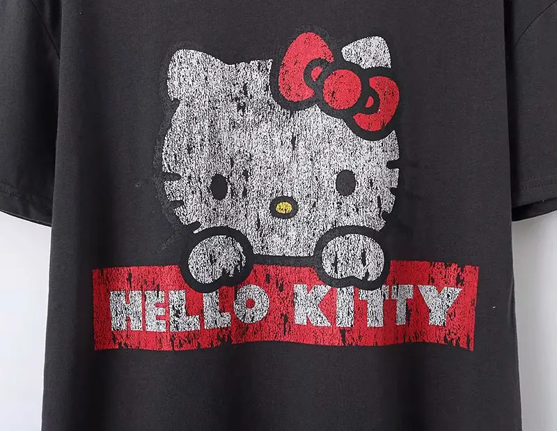 كيتي الكرتون تي شيرت مطبوع 2019 المرأة القطن تي شيرت الصيف عارضة قصيرة الأكمام س الرقبة رمادي تي شيرت السيدات لطيف المحملة الأعلى