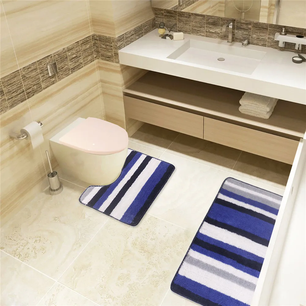 Soft Comfortable Blue and White Chenille Bathroom Set 2 Piece Non Slip Bath Mat and Rugs for