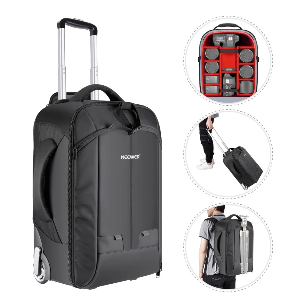  Neewer 2-in-1 Rolling Camera Backpack Trolley Case(Purple/Red/Green Interior)