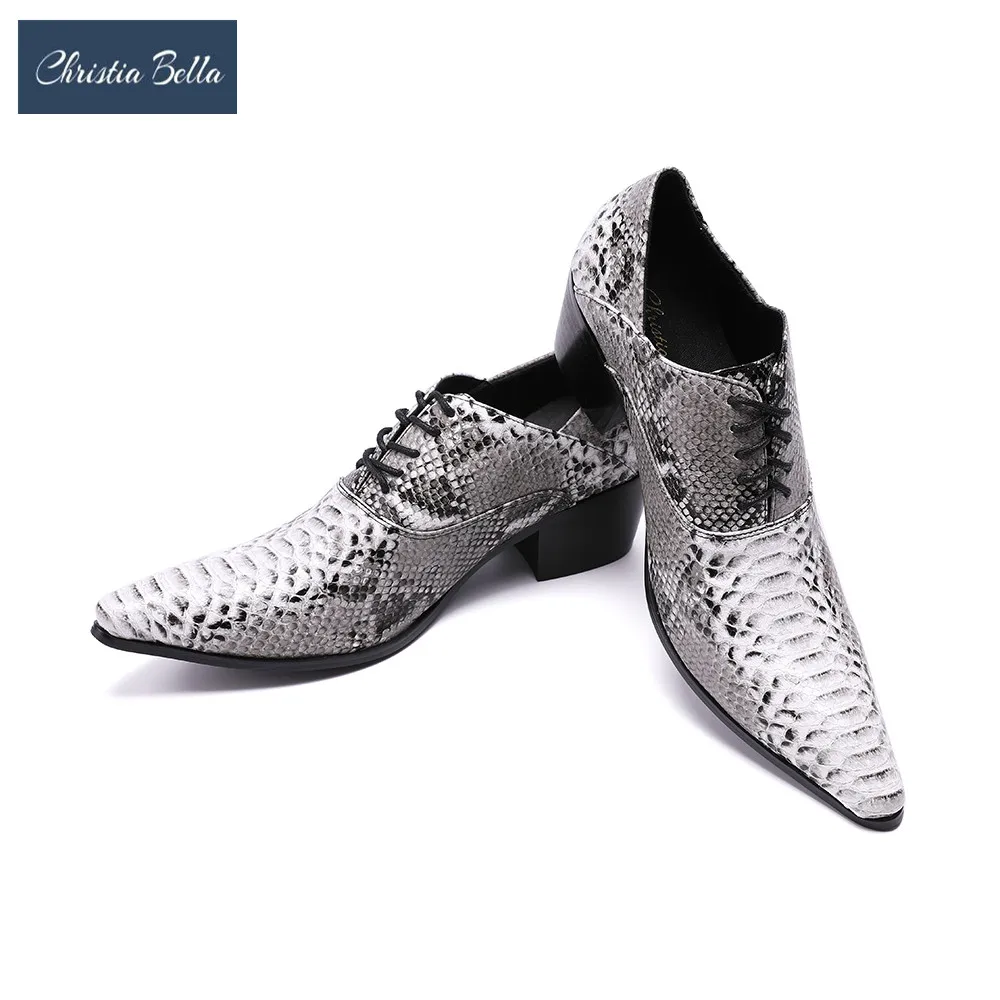 Christia Bella/мужские кожаные оксфорды со змеиным принтом; деловые туфли на высоком каблуке со шнуровкой; свадебные туфли; Мужские модельные туфли