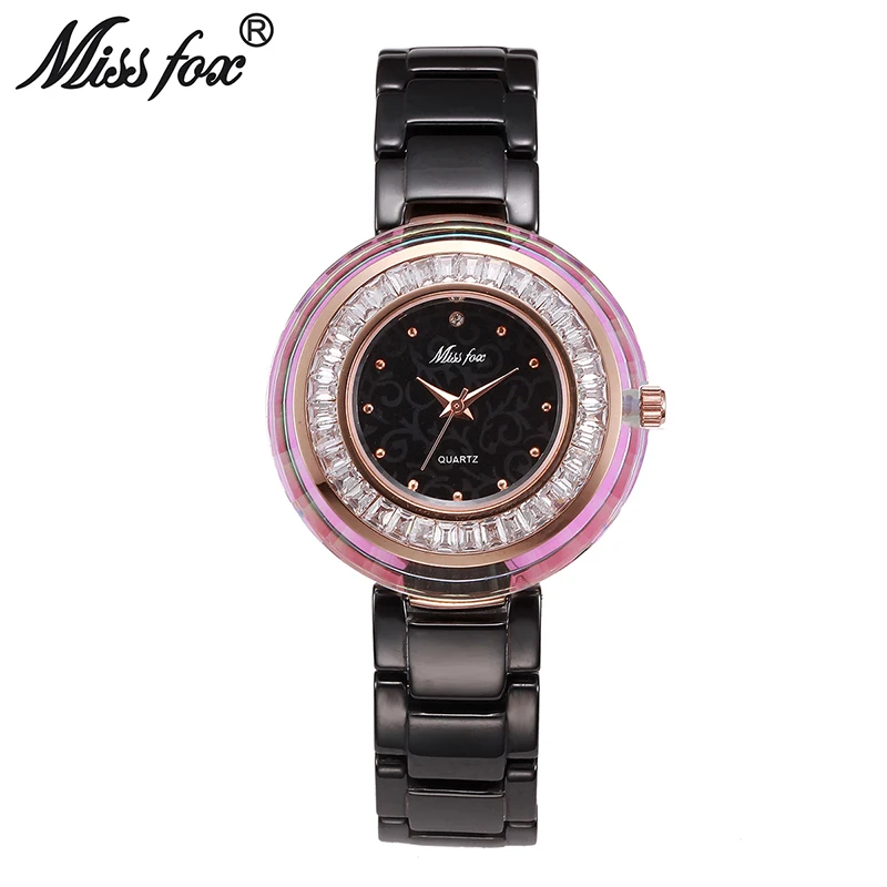 MISSFOX супер крутые недавно известный бренд часы для женщин логотип Xfcs женские часы со стразами огненные и водостойкие керамические кварцевые часы