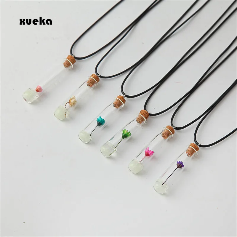 

New Creative Women Necklace beach Style Love hope wish Drift Bottles Real Flowers Pendant Necklace Short Clavicle Chain Pendant