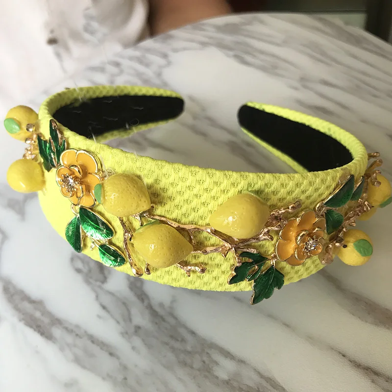 Барокко Мода Подиум милый желтый лимонный цветок зеленый ободок с листьями для женщин Роскошные винтажные Wideside аксессуары для волос ювелирные изделия