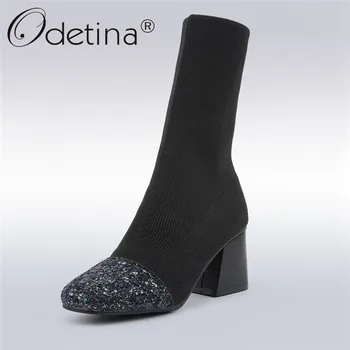

Odetina Spring Autumn New Fashion Knitting Ankle Boots Women Hoof High Heels Elegant Bling Square Toe Slip On Shoes Plus Size 43