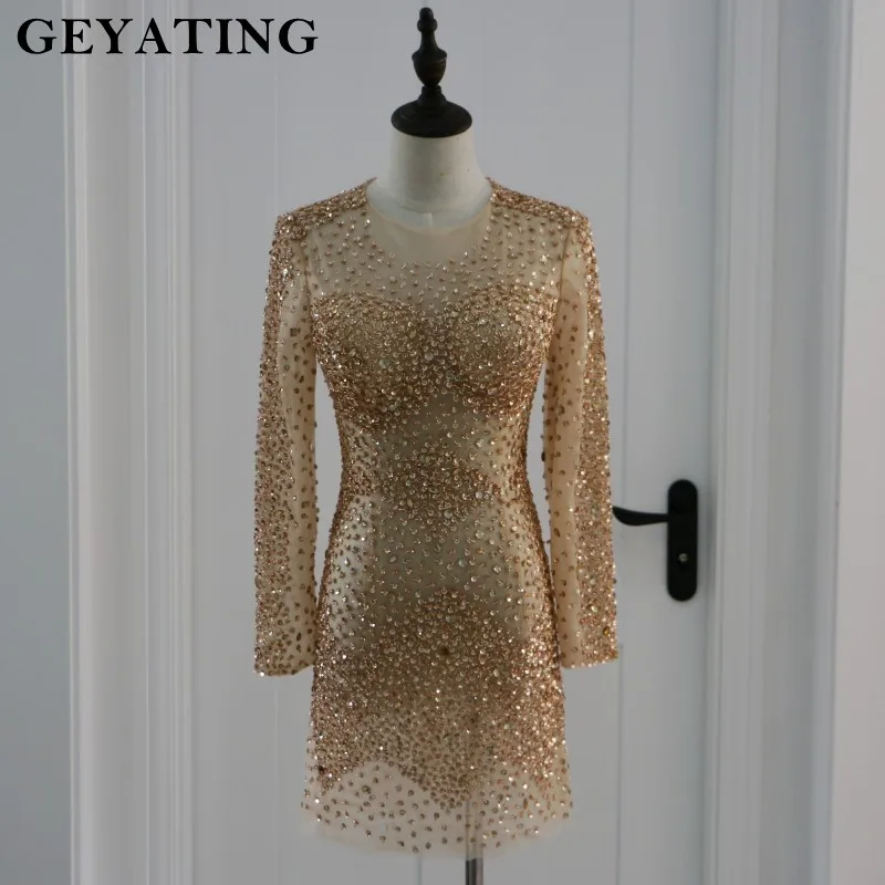 

Gold Crystal Prom Dresses 2019 Beaded Long Sleeves Prom Dress Vestidos de fiesta Mini Short Party Gowns Cocktail Dress