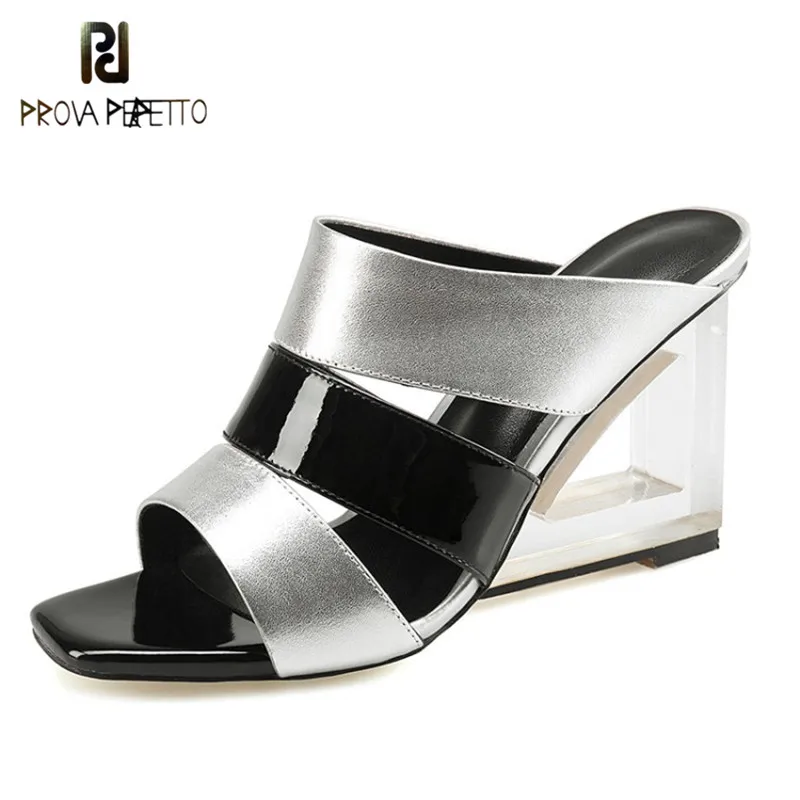 

Prova Perfetto 2018 Summer High Heel Slippers Women Spell Color Peep Toe Strange Heel Ladies Sandals Hollow Out Square Toe Shoes