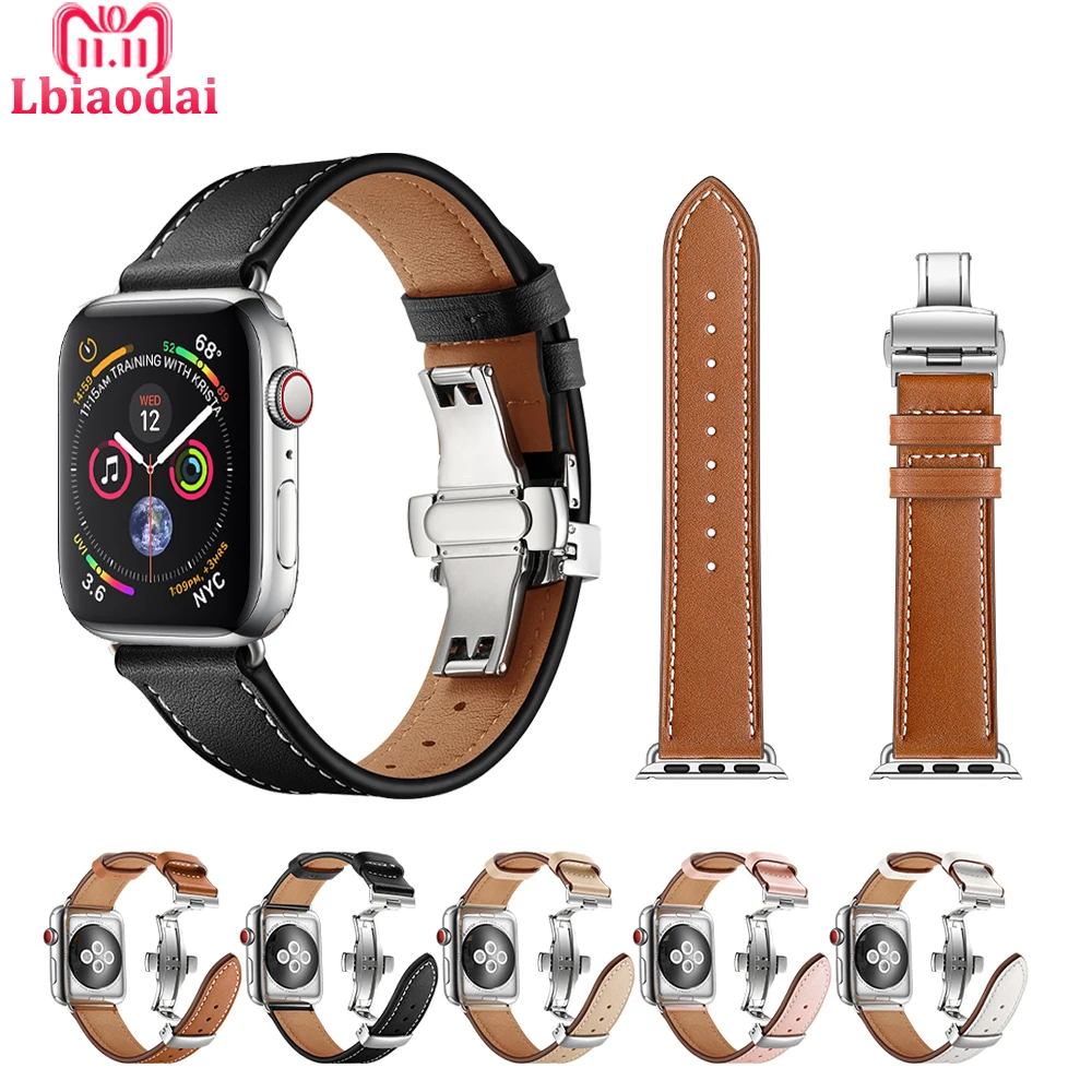 Кожаный ремешок для apple watch 5 ремешок 44 мм 40 мм iwatch ремешок 38 мм 42 мм застежка бабочка браслет ремешок для apple watch 4 3 2 1