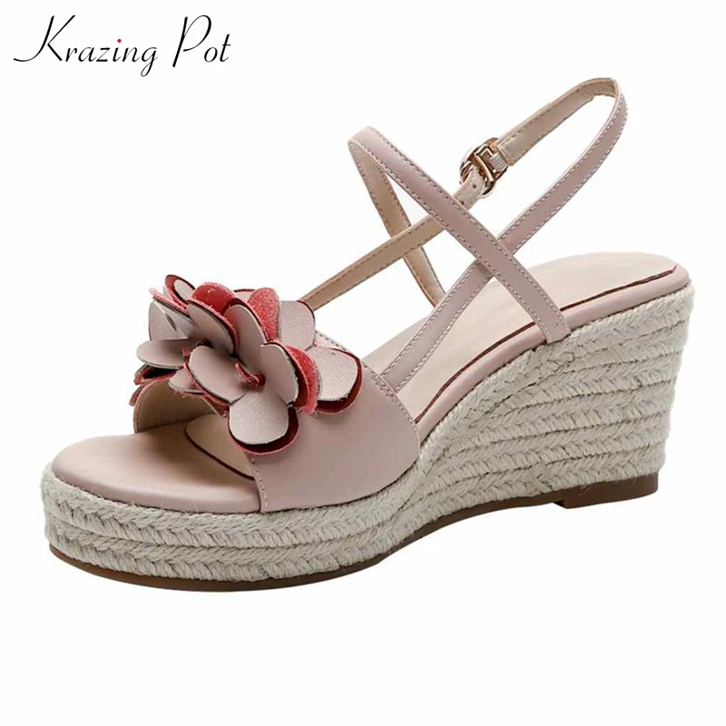 

Krazing Pot genuine leather flowers ruffles ankle buckle straps peep toe platform leisure casual high heels handmade sandals l69