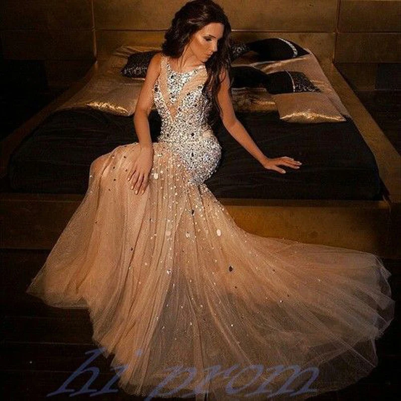 

Long Evening Gowns Floor Length Crystal Beading Rhinestone Mermaid Champagne Evening Dresses Bling Bling Vestidos de Fiesta